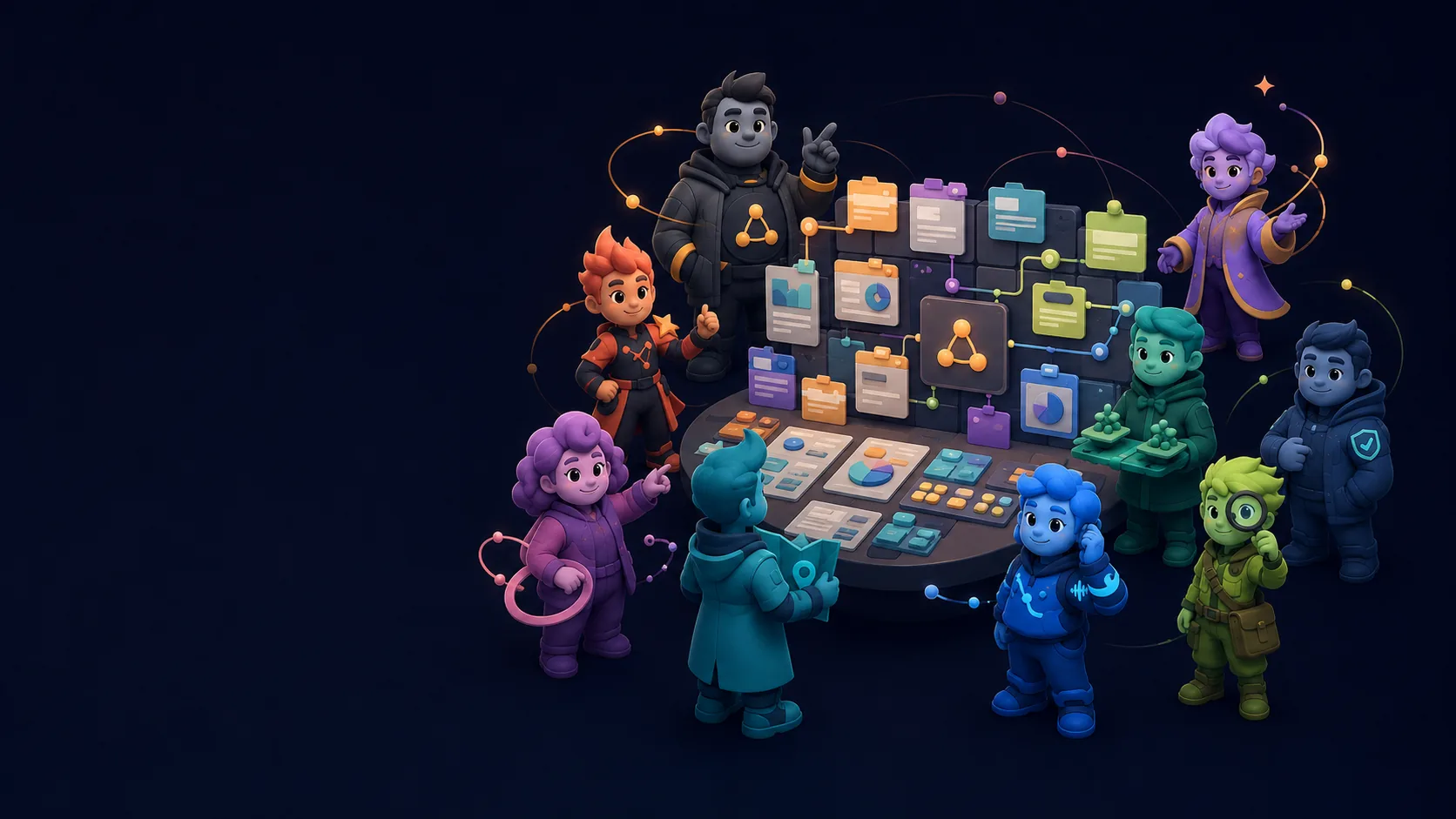 Illustrated workforce connected to a shared context layer.